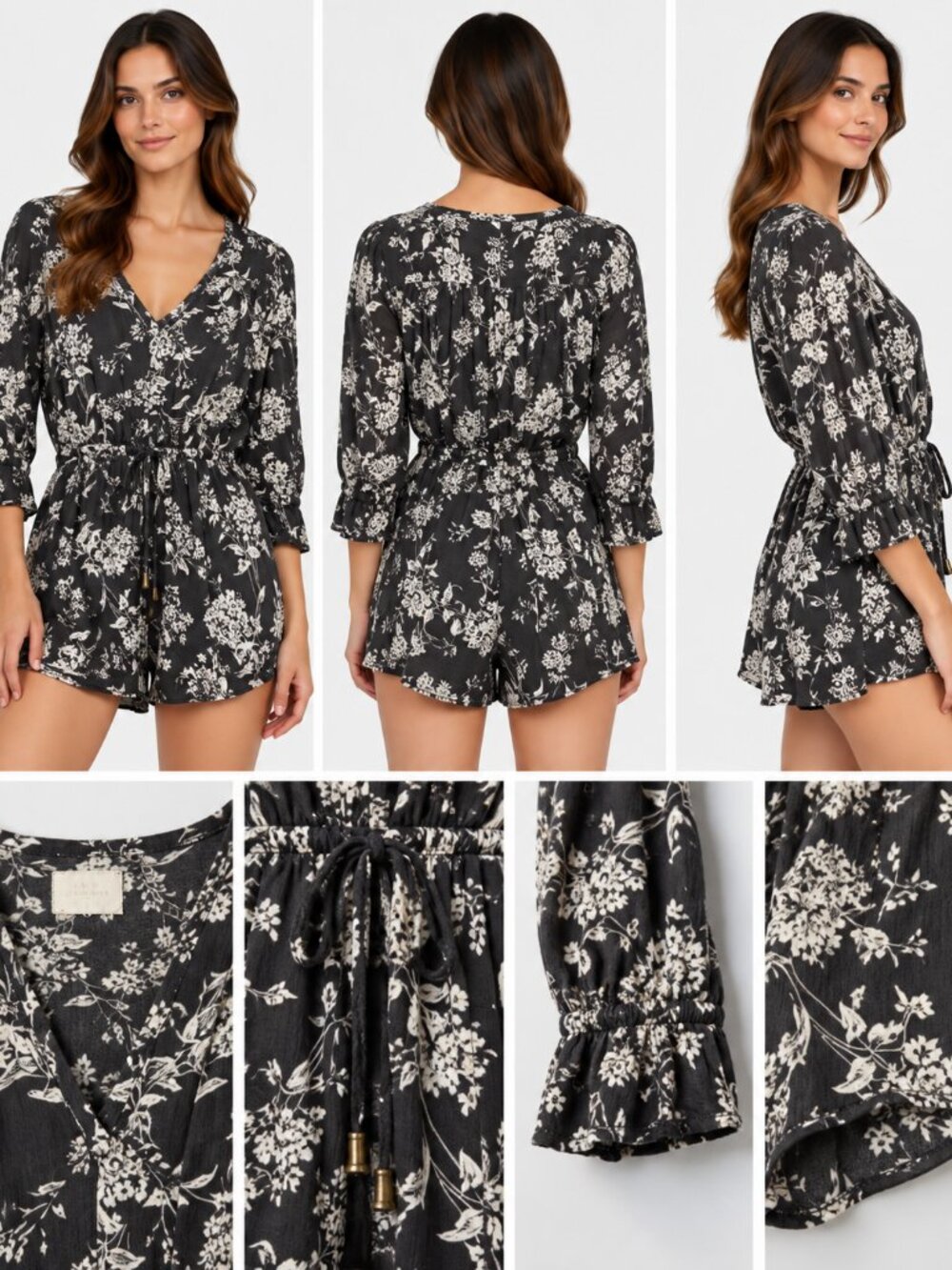 O'Neill Black White Floral 3/4 Sleeve Tassel Romper Size S